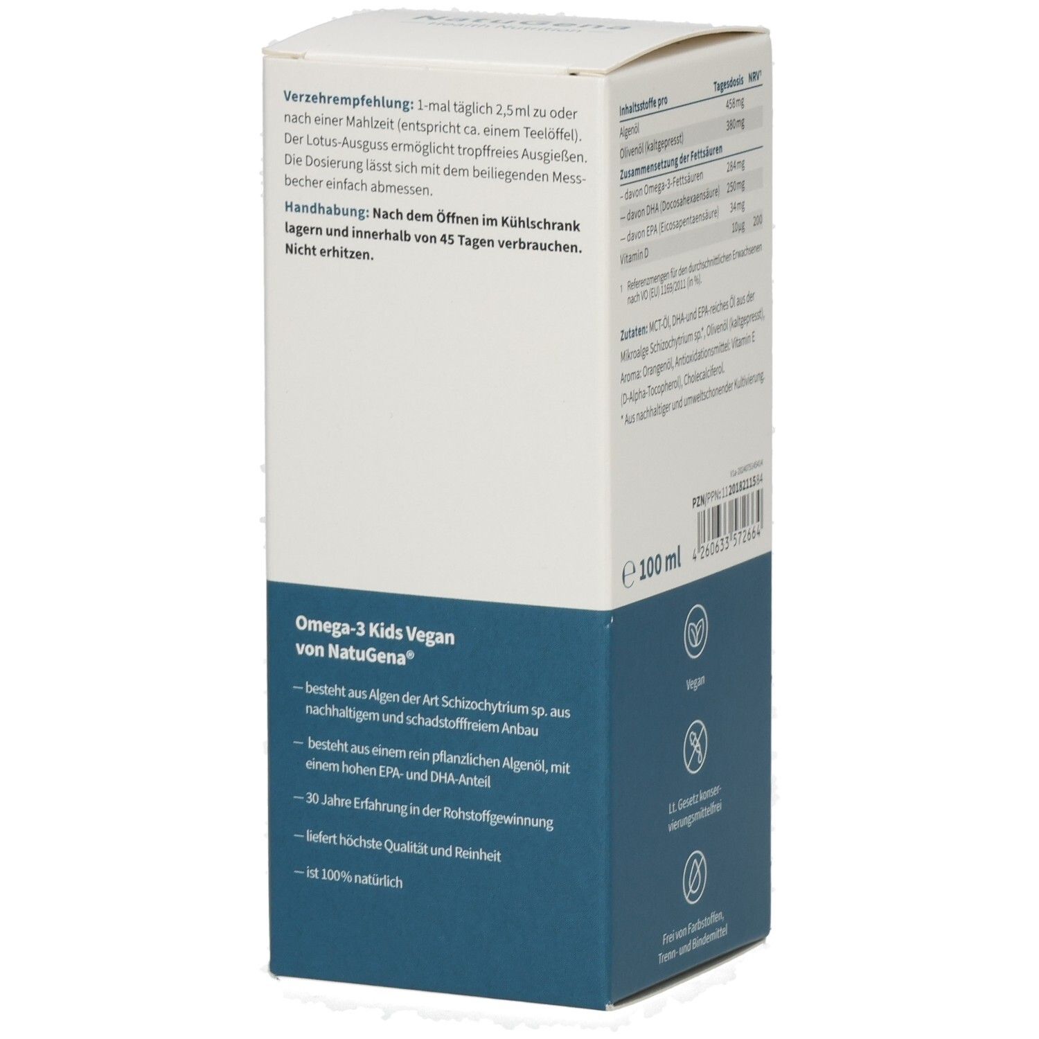 NatuGena Omega-3 Kids Vegan: Seitenansicht der Verpackung mit Anwendungshinweisen und Inhaltsangaben.