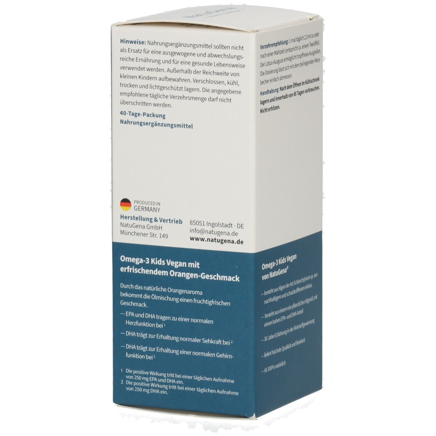 NatuGena Omega-3 Kids Vegan: Verpackung mit Herkunftsangabe "Made in Germany" und Produktvorteilen.
