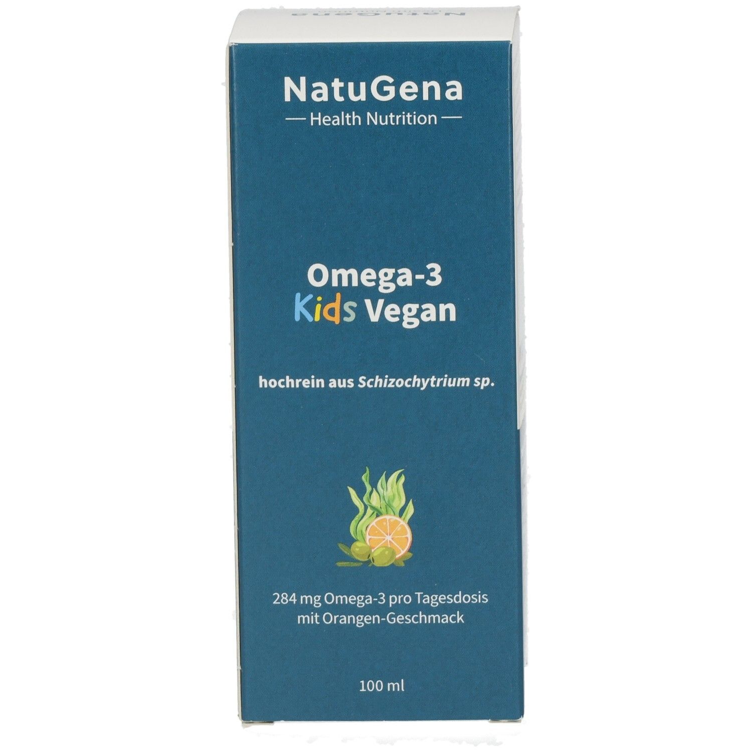 NatuGena Omega-3 Kids Vegan: Vorderseite der Verpackung mit Orangen-Motiv und 100 ml Angabe.