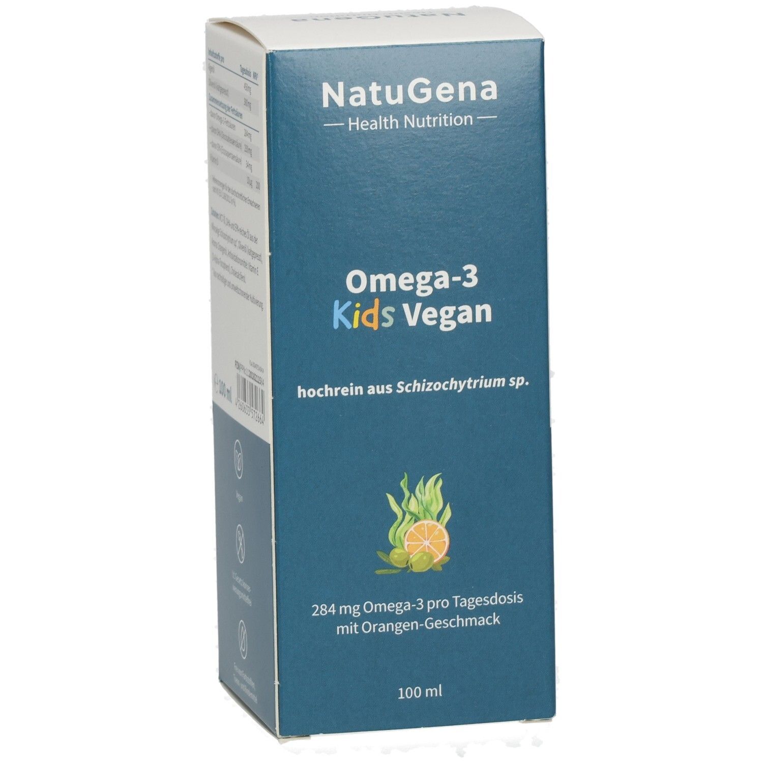 NatuGena Omega-3 Kids Vegan: Verpackung mit seitlicher Ansicht, Orangen-Motiv und 100 ml Angabe.
