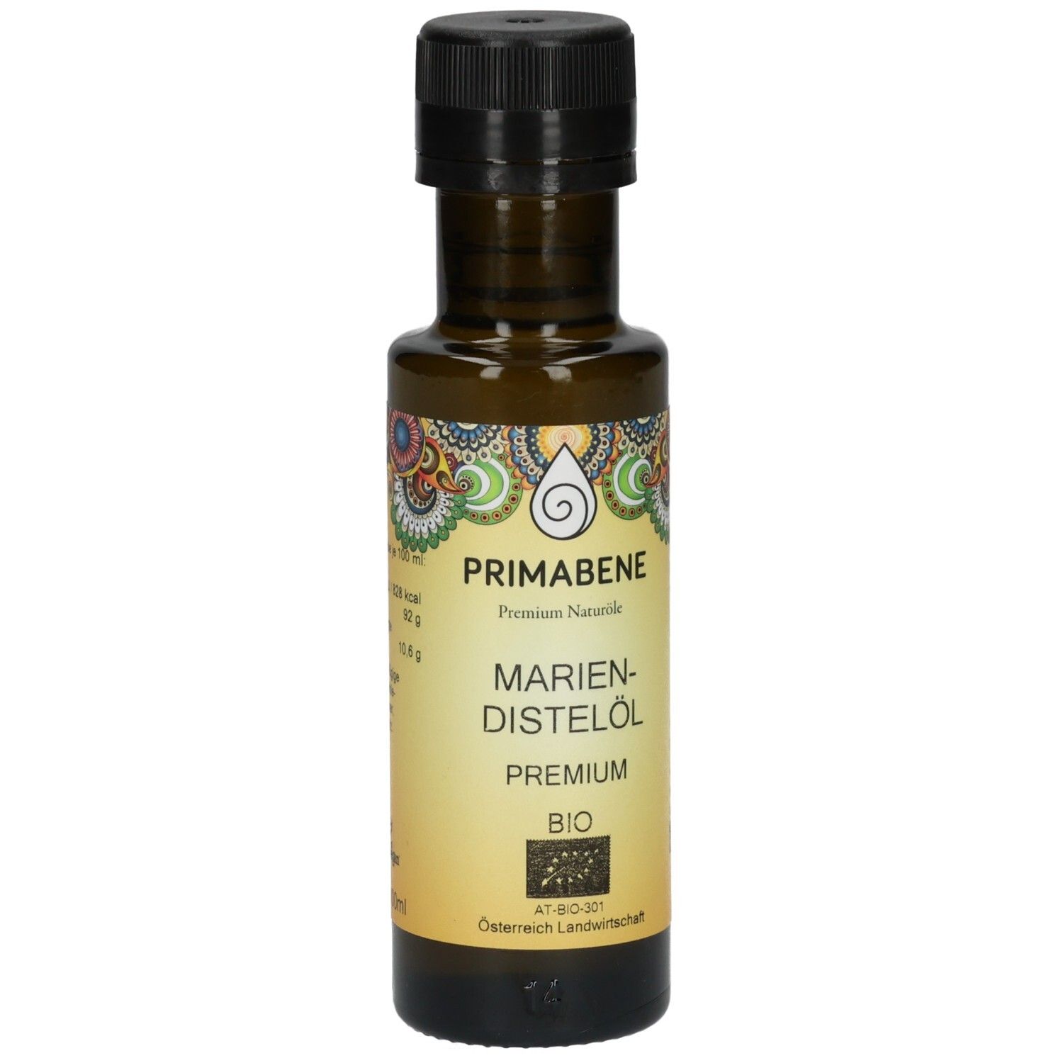PRIMABENE Mariendistelöl PREMIUM Bio Flasche mit schwarzem Deckel und Etikett.