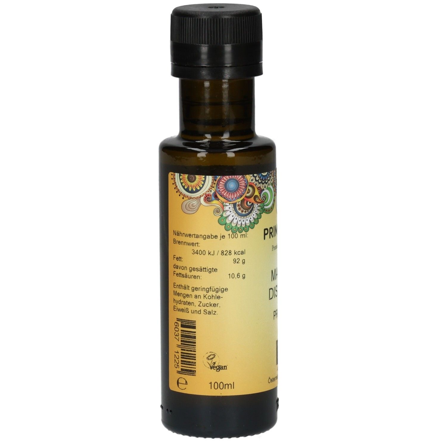 Rückseite der PRIMABENE Mariendistelöl PREMIUM Bio Flasche mit Nährwertangaben und Bio-Siegel.