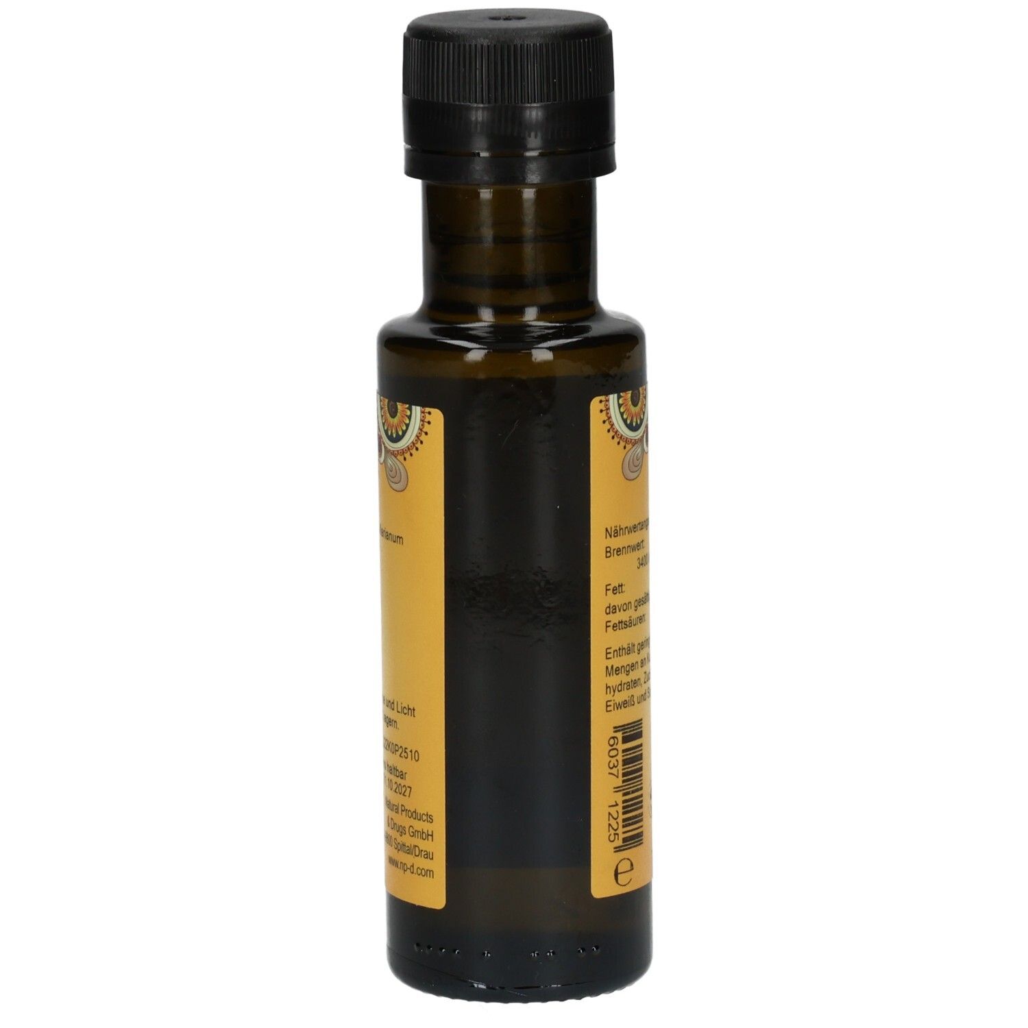 Seitenansicht der PRIMABENE Mariendistelöl PREMIUM Bio Flasche, dunkelbraunes Glas.