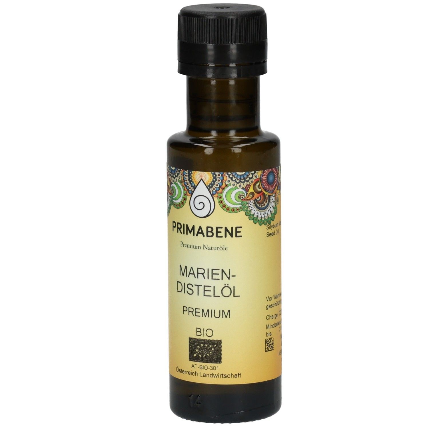 PRIMABENE Mariendistelöl PREMIUM Bio Flasche mit Etikett, das Bio-Siegel und österreichische Landwirtschaft zeigt.