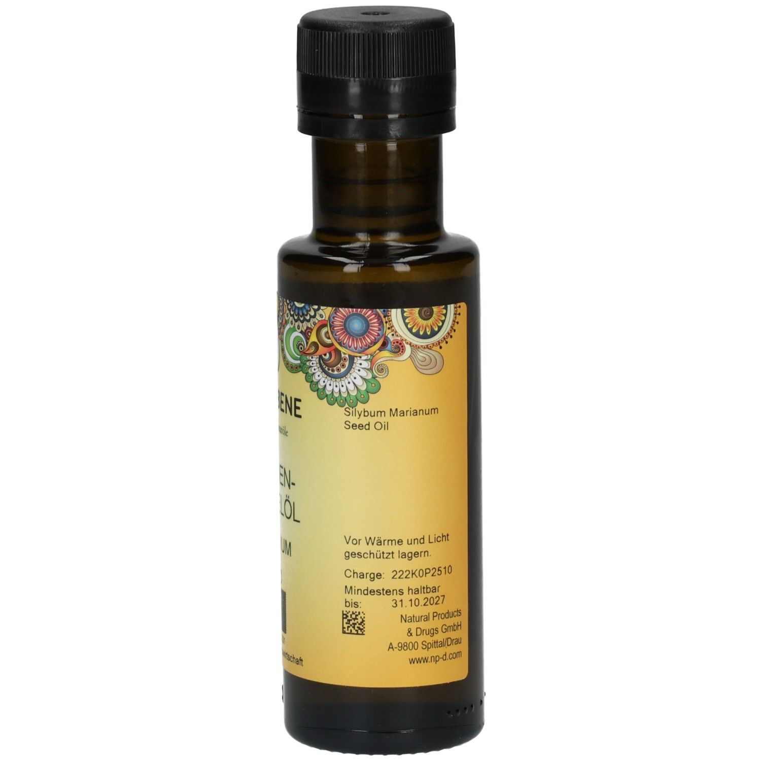 Rückseite der PRIMABENE Mariendistelöl PREMIUM Bio Flasche mit Chargennummer und Mindesthaltbarkeitsdatum.