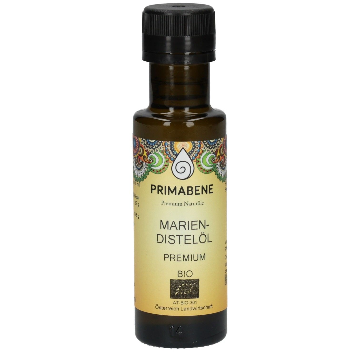 PRIMABENE Mariendistelöl PREMIUM Bio Flasche mit schwarzem Deckel und detailreichem Etikett.