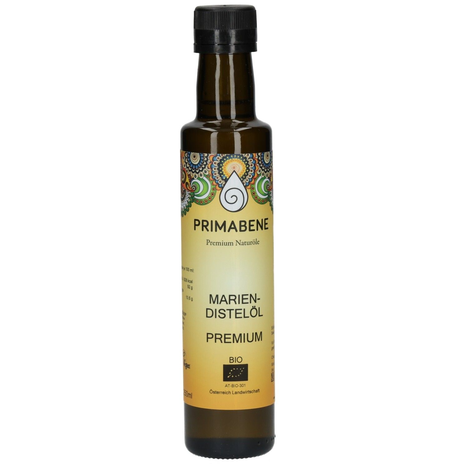 Primabene Mariendistelöl Premium Bio in dunkler Glasflasche mit schwarzem Verschluss. Gelbes Etikett mit bunten Mustern.