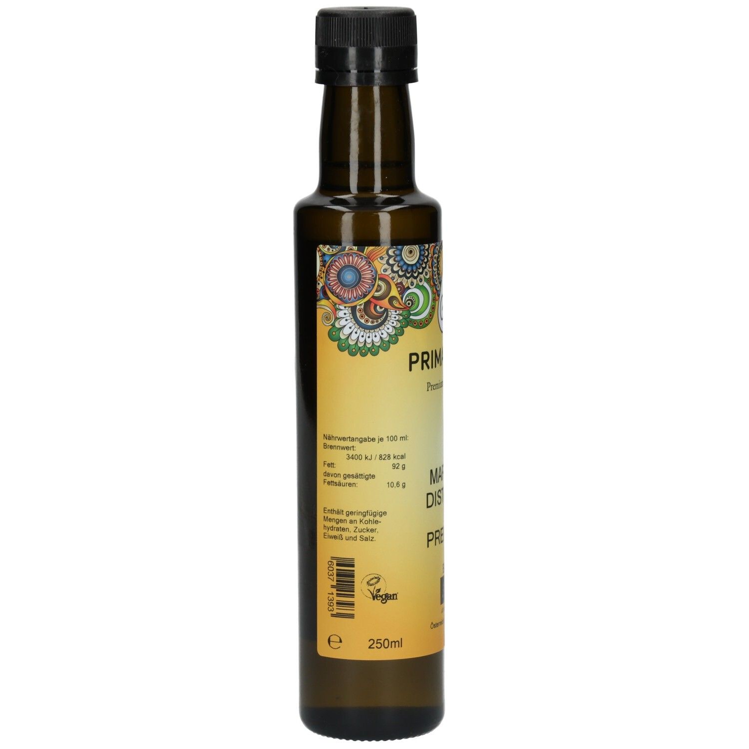 Rückseite der Primabene Mariendistelöl Premium Bio Flasche mit Nährwertangaben und Bio-Siegel. 250ml.