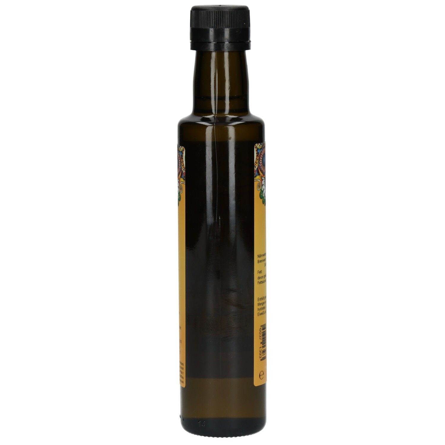 Seitenansicht der dunklen Glasflasche mit Primabene Mariendistelöl Premium Bio.