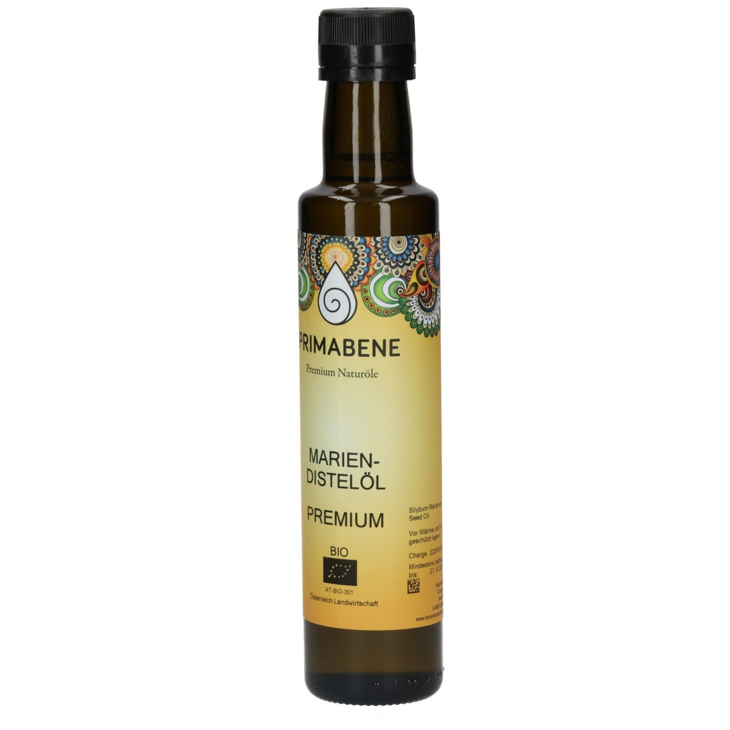 Primabene Mariendistelöl Premium Bio in dunkler Glasflasche mit schwarzem Verschluss. Gelbes Etikett mit bunten Mustern.