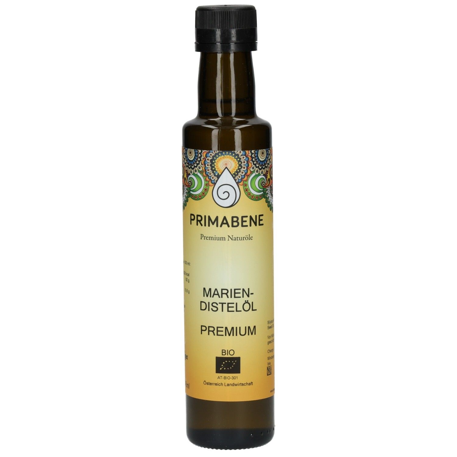 Primabene Mariendistelöl Premium Bio in dunkler Glasflasche mit schwarzem Verschluss. Gelbes Etikett mit bunten Mustern und Bio-Siegel.