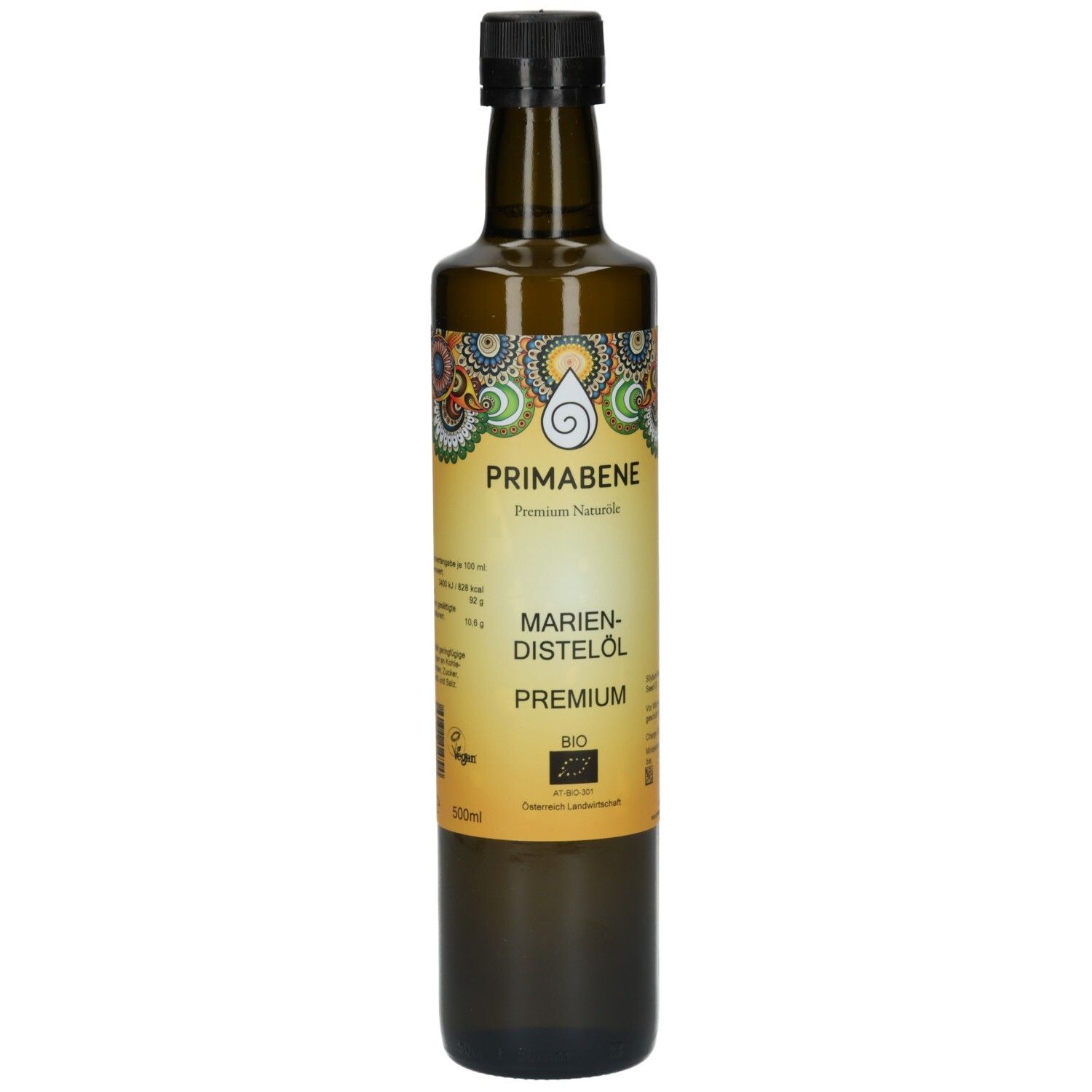 PRIMABENE Mariendistelöl PREMIUM Bio: Braune Glasflasche mit schwarzem Schraubverschluss und gelbem Etikett.