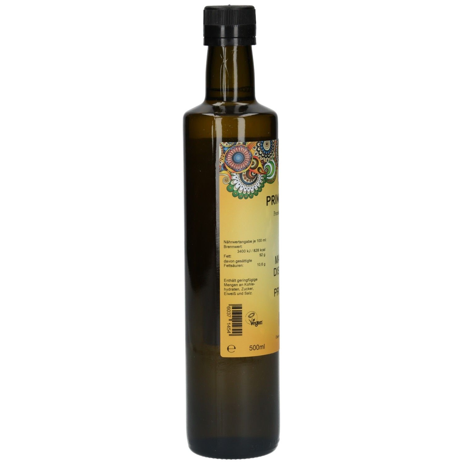 PRIMABENE Mariendistelöl PREMIUM Bio: Rückseite der braunen Glasflasche mit Etikett und Bio-Siegel.