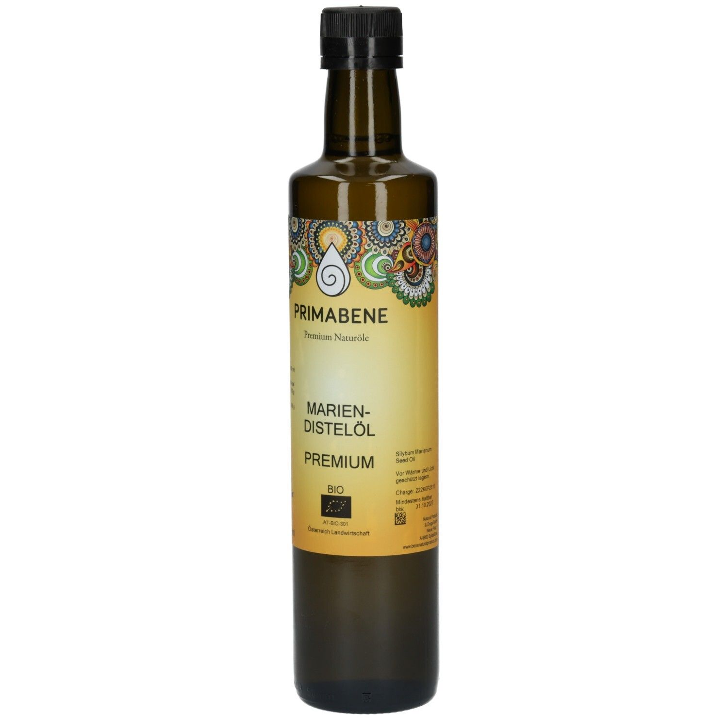 PRIMABENE Mariendistelöl PREMIUM Bio: Braune Glasflasche mit schwarzem Schraubverschluss und gelbem Etikett.