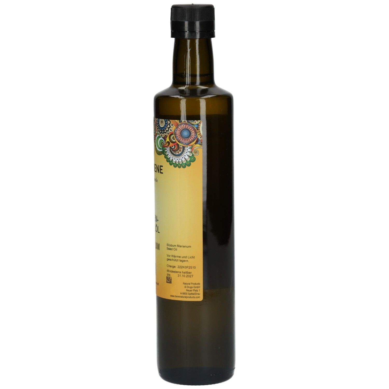 PRIMABENE Mariendistelöl PREMIUM Bio: Rückseite der braunen Glasflasche mit Etikett und Bio-Siegel.