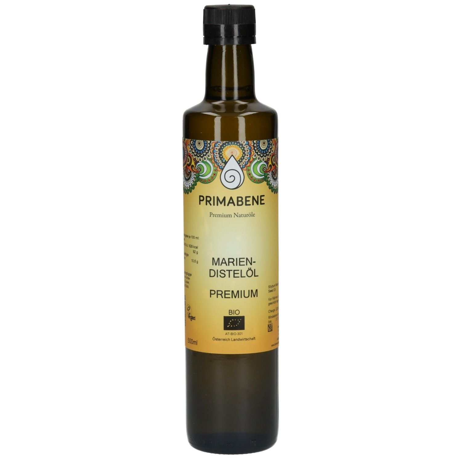 PRIMABENE Mariendistelöl PREMIUM Bio: Braune Glasflasche mit schwarzem Schraubverschluss und gelbem Etikett.