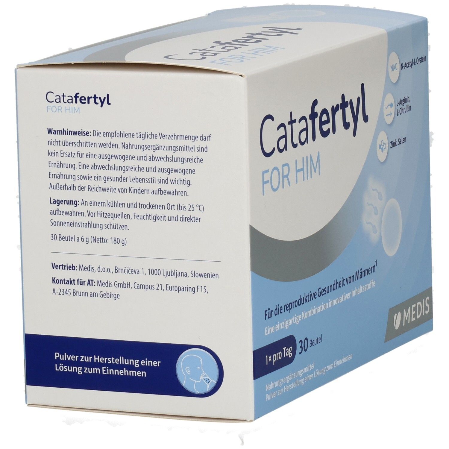 Rückseite der Catafertyl For Him Packung mit 30 Beuteln, Nährwertangaben und Lagerungshinweisen.