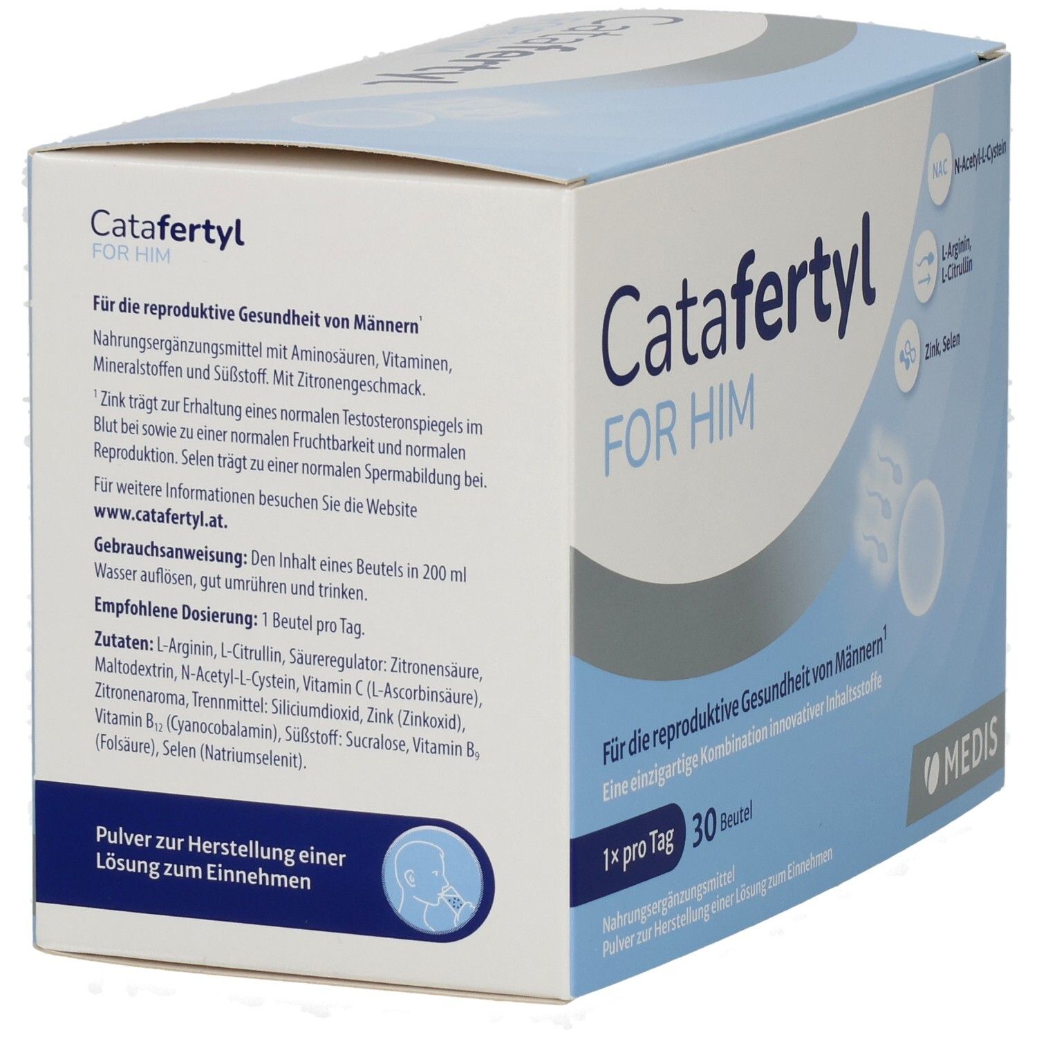 Seite der Catafertyl For Him Packung mit 30 Beuteln, Inhaltsstoffe und Anwendungshinweise.