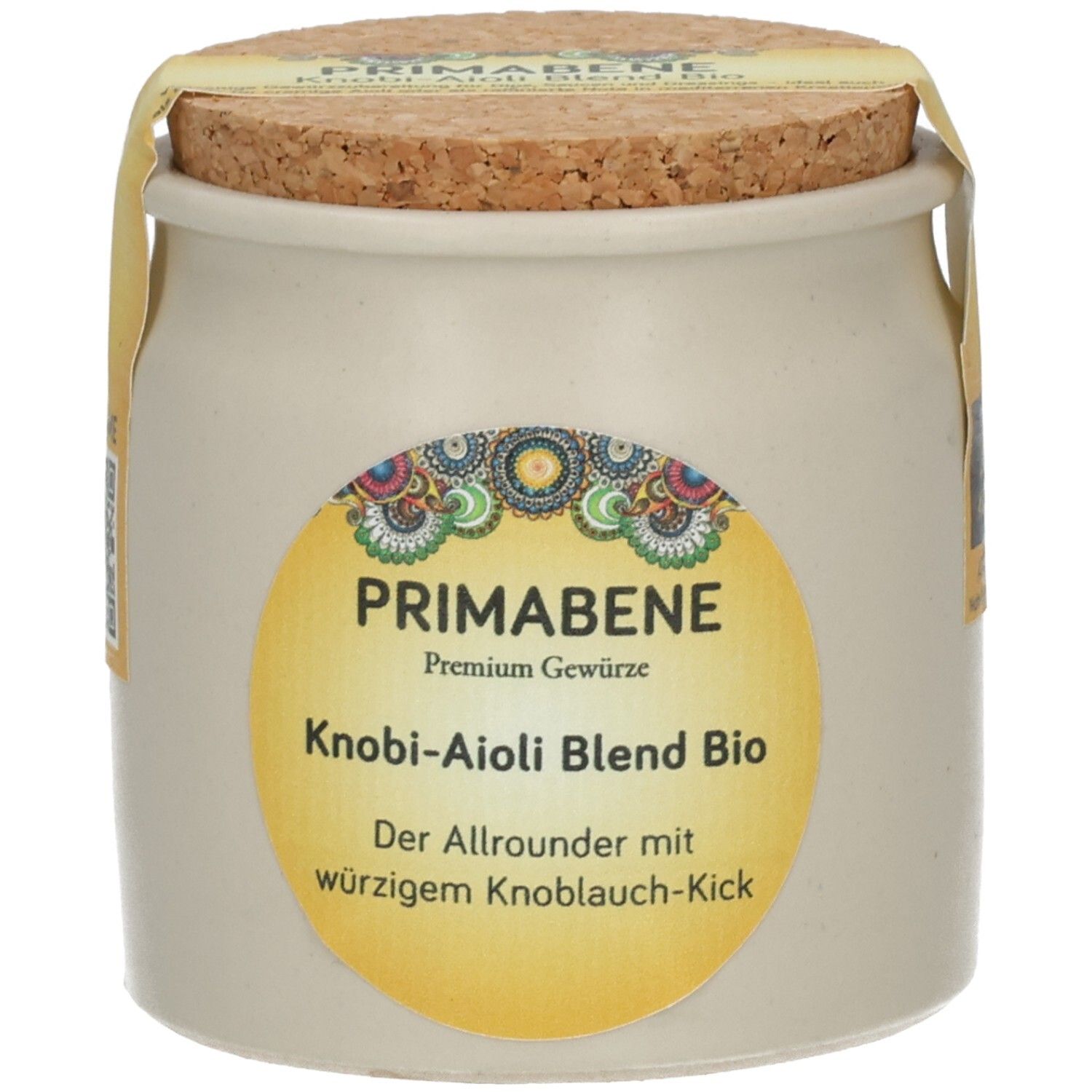 Primabene Knobi-Aioli Blend Bio Gewürzdose mit Korkverschluss. Gelbes Etikett mit Produktinformationen.