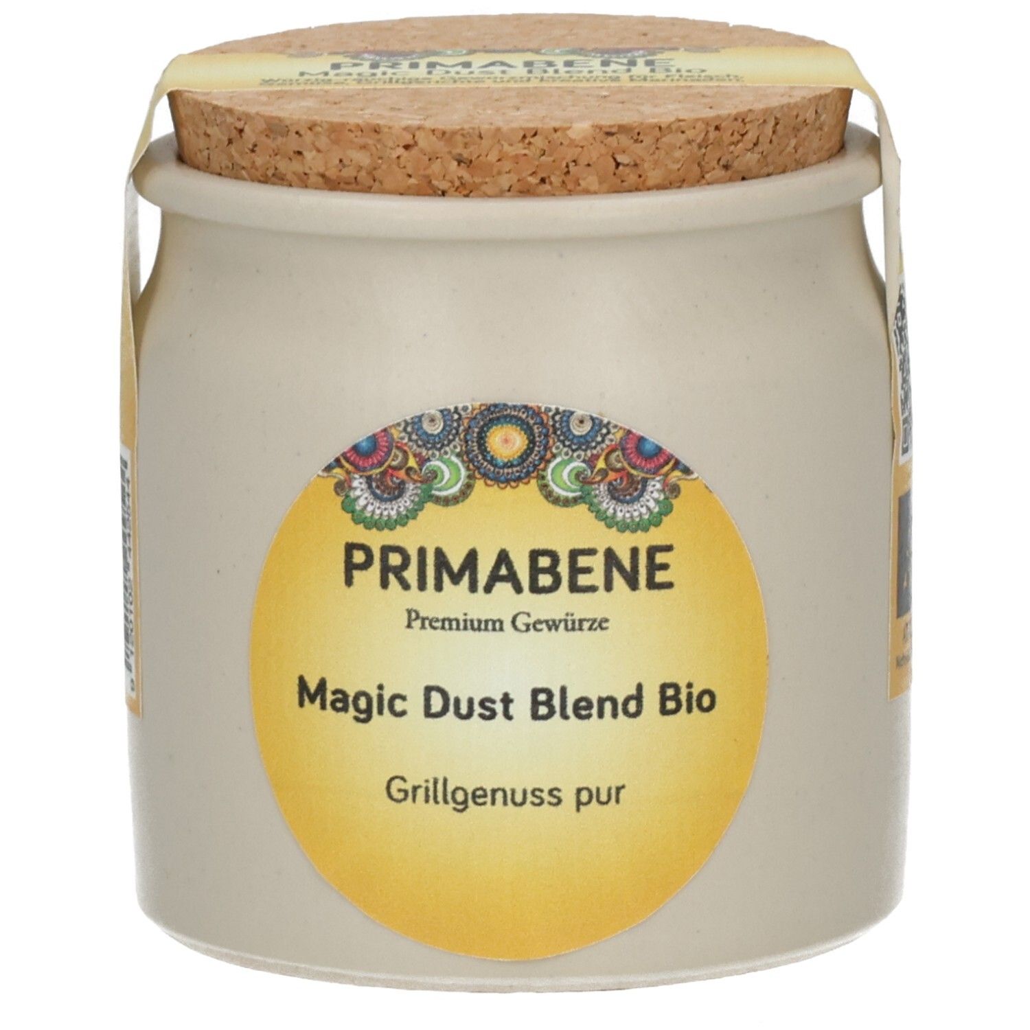 Beige Keramikdose mit Korkverschluss und Etikett. "PRIMABENE Magic Dust Blend Bio" steht auf dem Etikett.