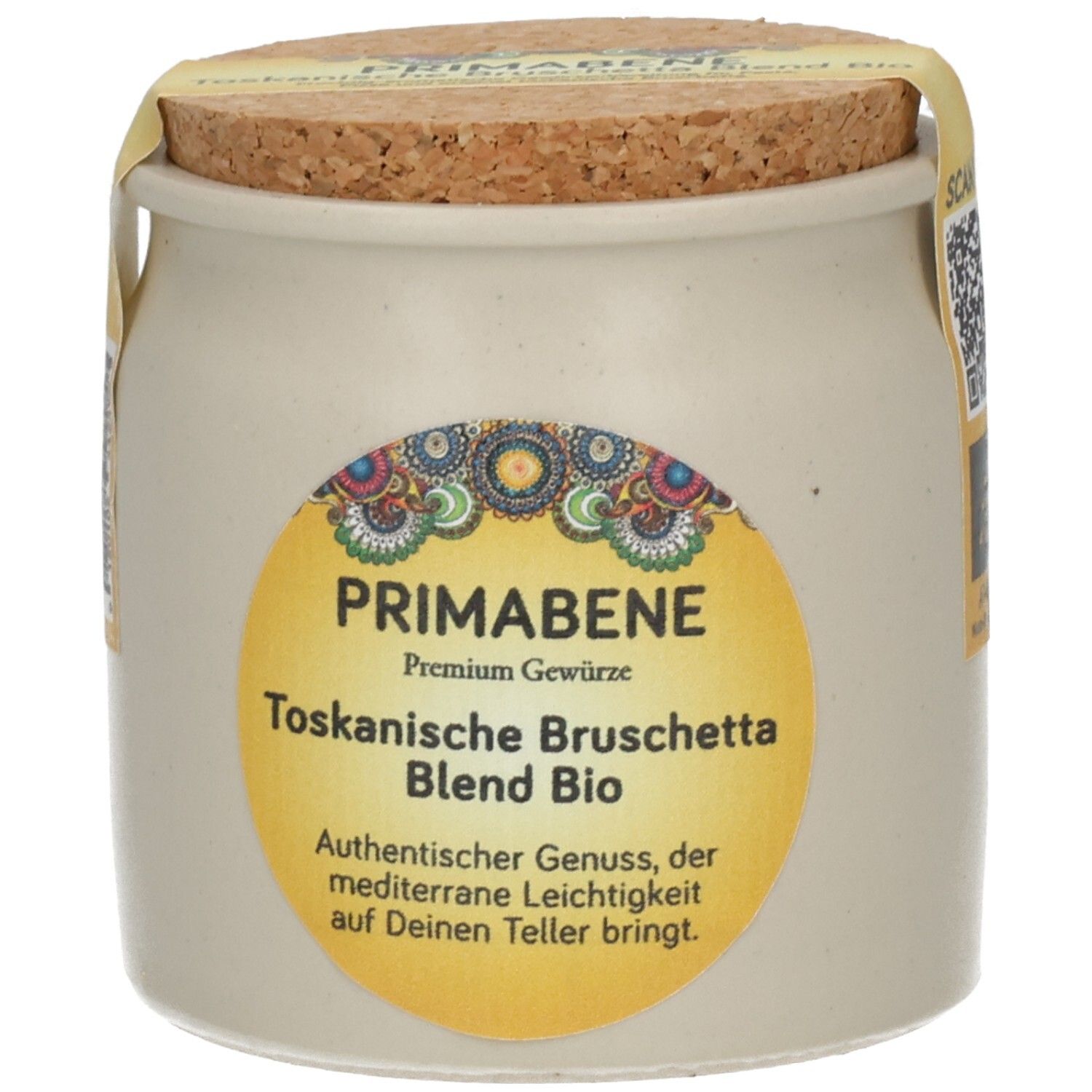 Primabene Toskanische Bruschetta Blend Bio Gewürzmischung in Keramiktopf mit Korkverschluss.