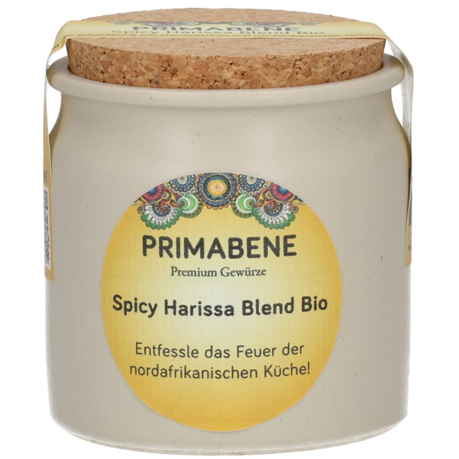 Primabene Spicy Harissa Blend Bio in einem Steingutbehälter mit Korkverschluss. Etikett mit nordafrikanischem Design.