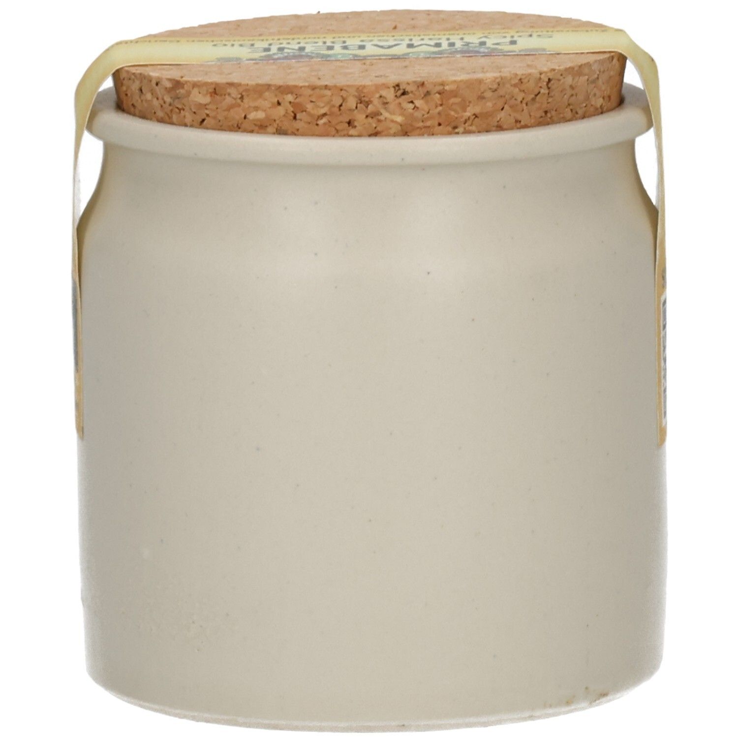 Rückansicht eines Steingutbehälters mit Korkverschluss, gefüllt mit Primabene Spicy Harissa Blend Bio.