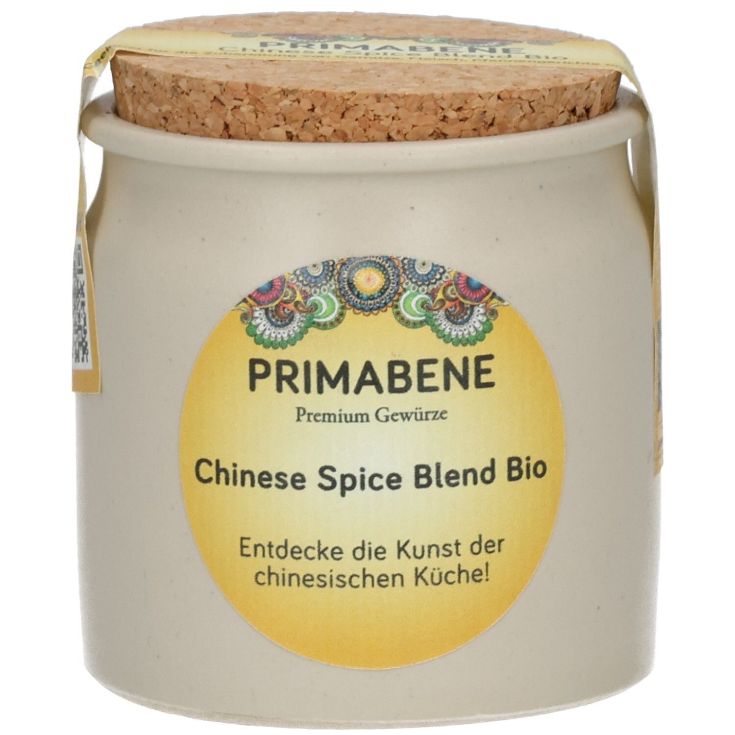 Primabene Premium Gewürze Chinese Spice Blend Bio in einem Steingutbehälter mit Korkverschluss.