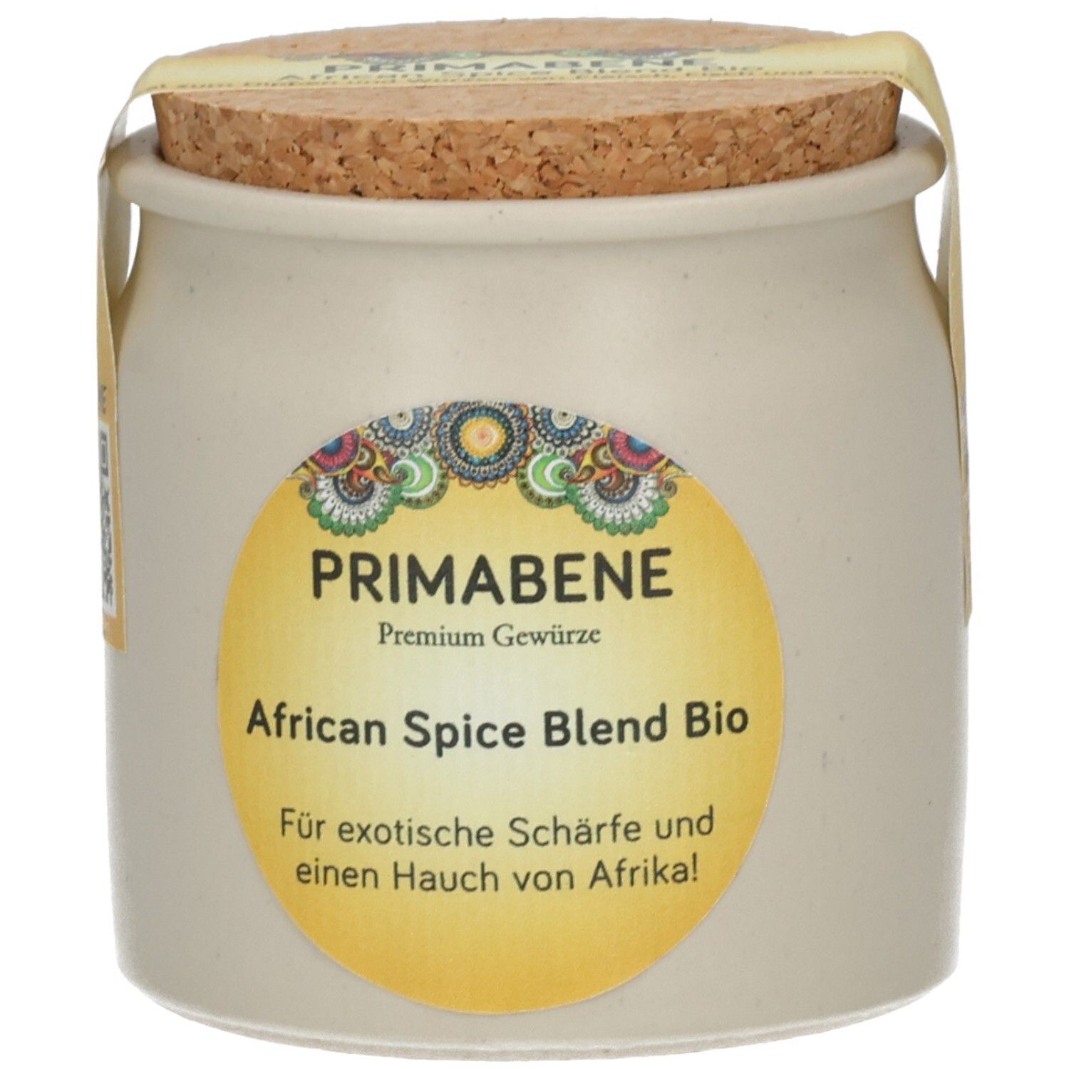 Primabene African Spice Blend Bio Gewürze in einem Steingutbehälter mit Korkverschluss.