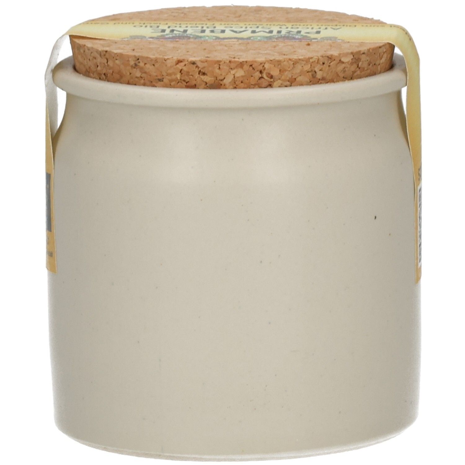 Steingutbehälter mit Korkverschluss, gefüllt mit Primabene African Spice Blend Bio Gewürzen.