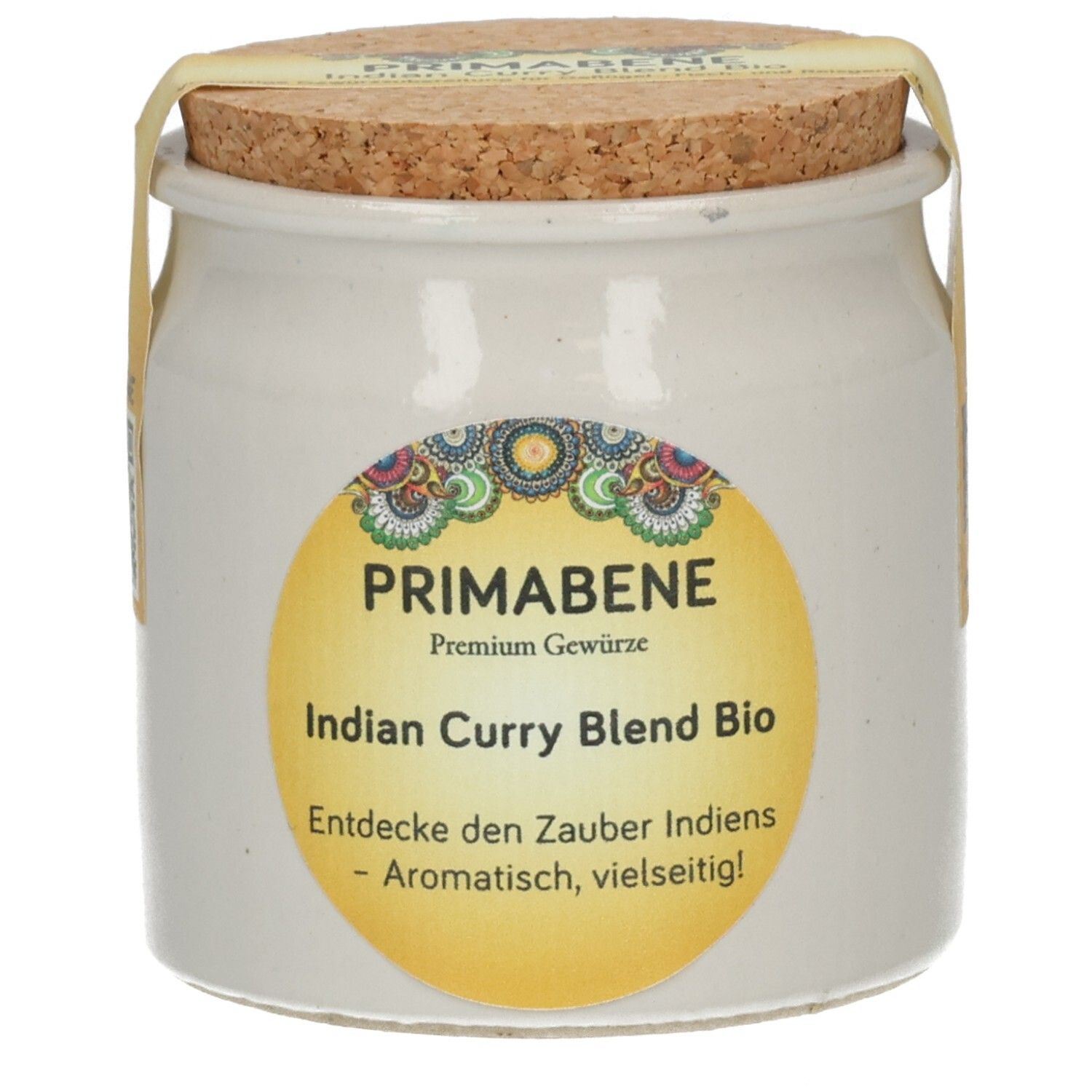 Weiße Keramiktiegel mit Korkverschluss, gefüllt mit "Indian Curry Blend Bio" Gewürz von Primabene.