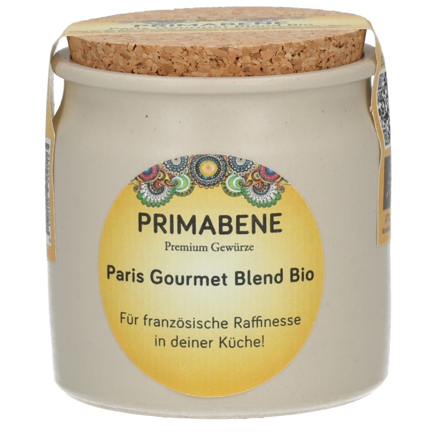 Primabene Paris Gourmet Blend Bio Gewürze in einem Steingutbehälter mit Korkverschluss.