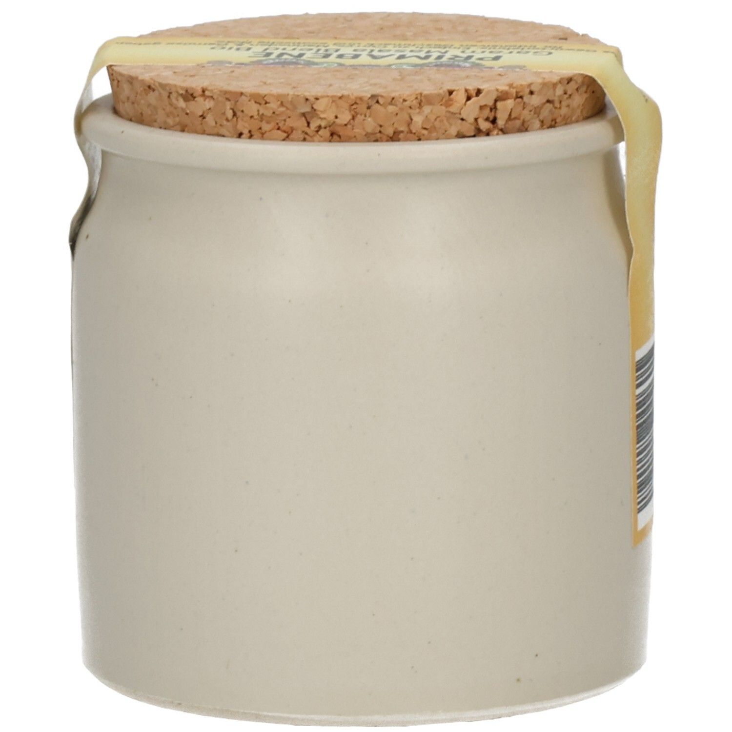 Steingutbehälter mit Korkverschluss, der eine Bio Garam Masala Gewürzmischung enthält.