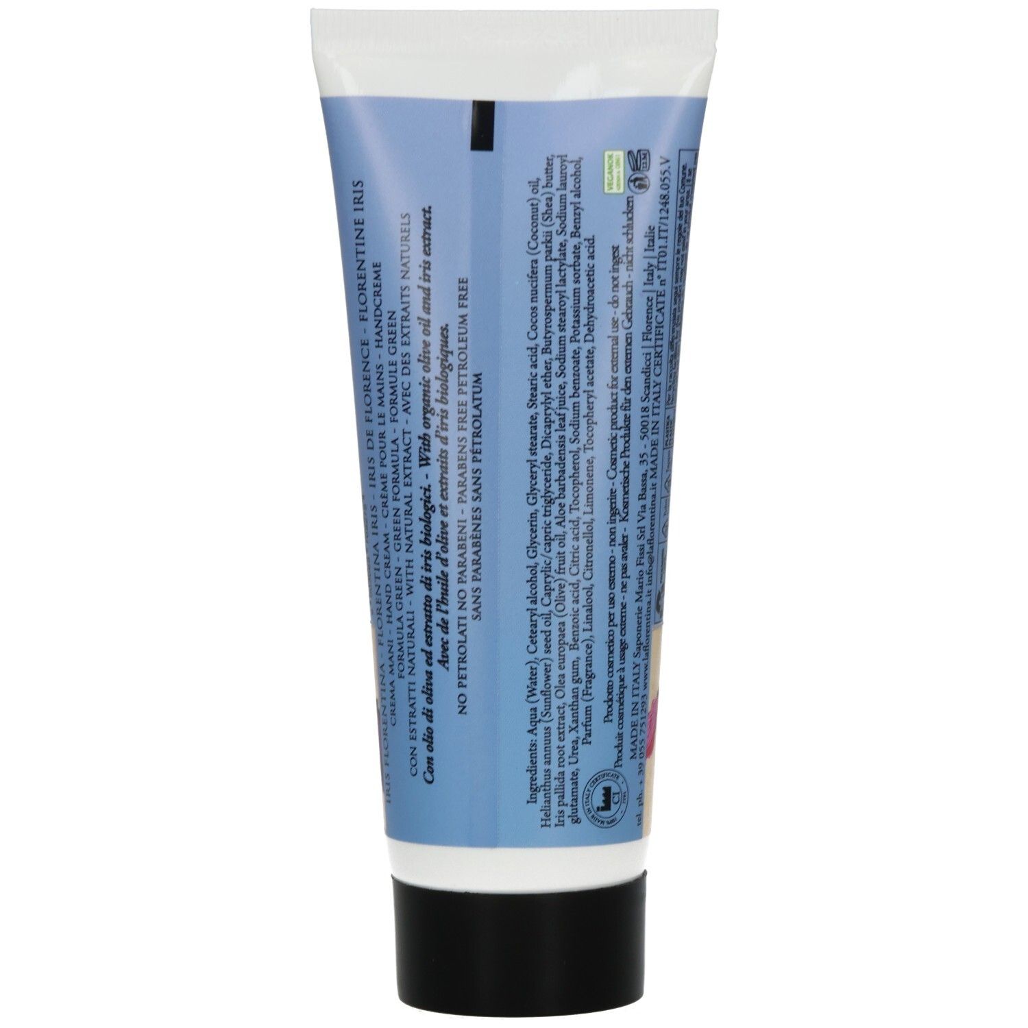 Rückseite einer blauen Tube mit Handcreme, Inhaltsstoffe und Zertifizierungen sichtbar.