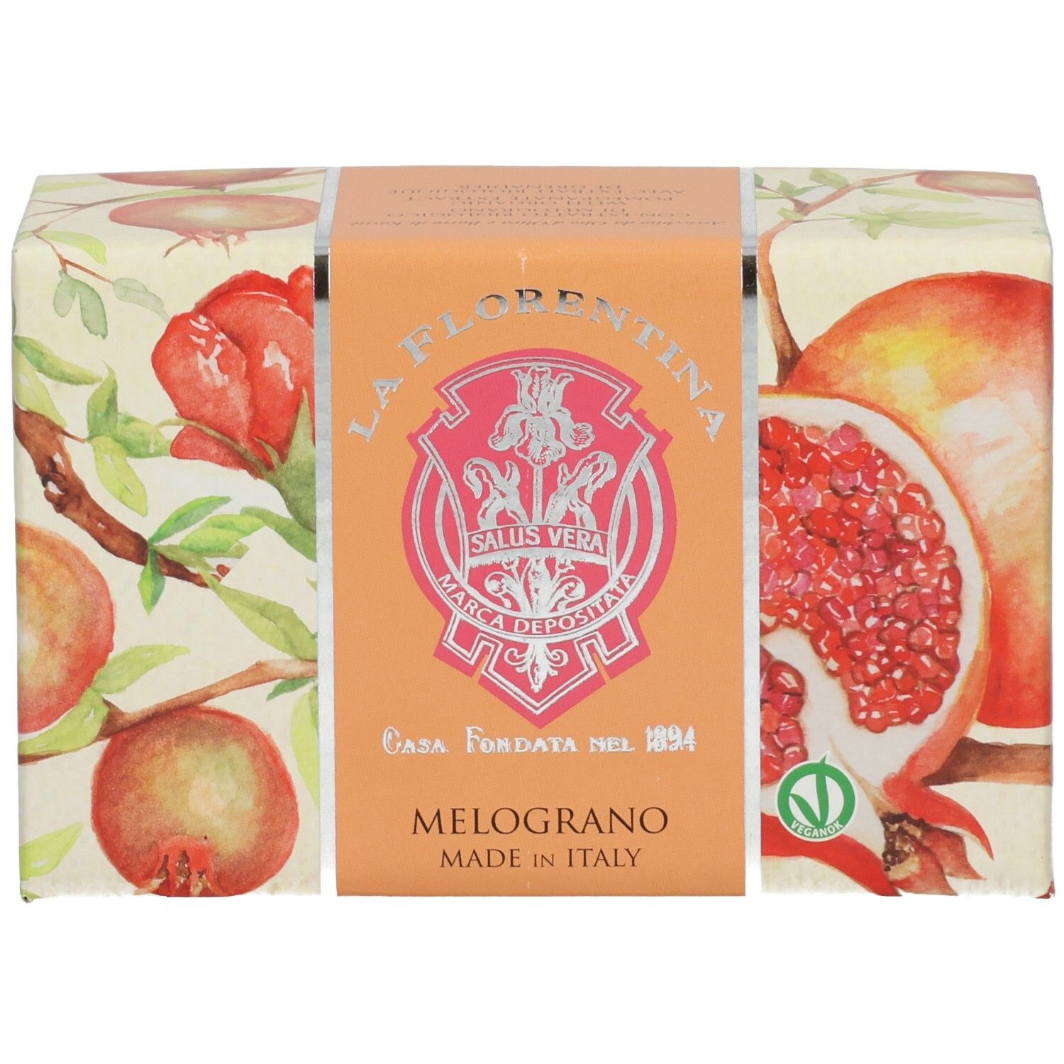 Verpackung für La Florentina Melograno Seife mit Granatapfelmotiv. Hergestellt in Italien.