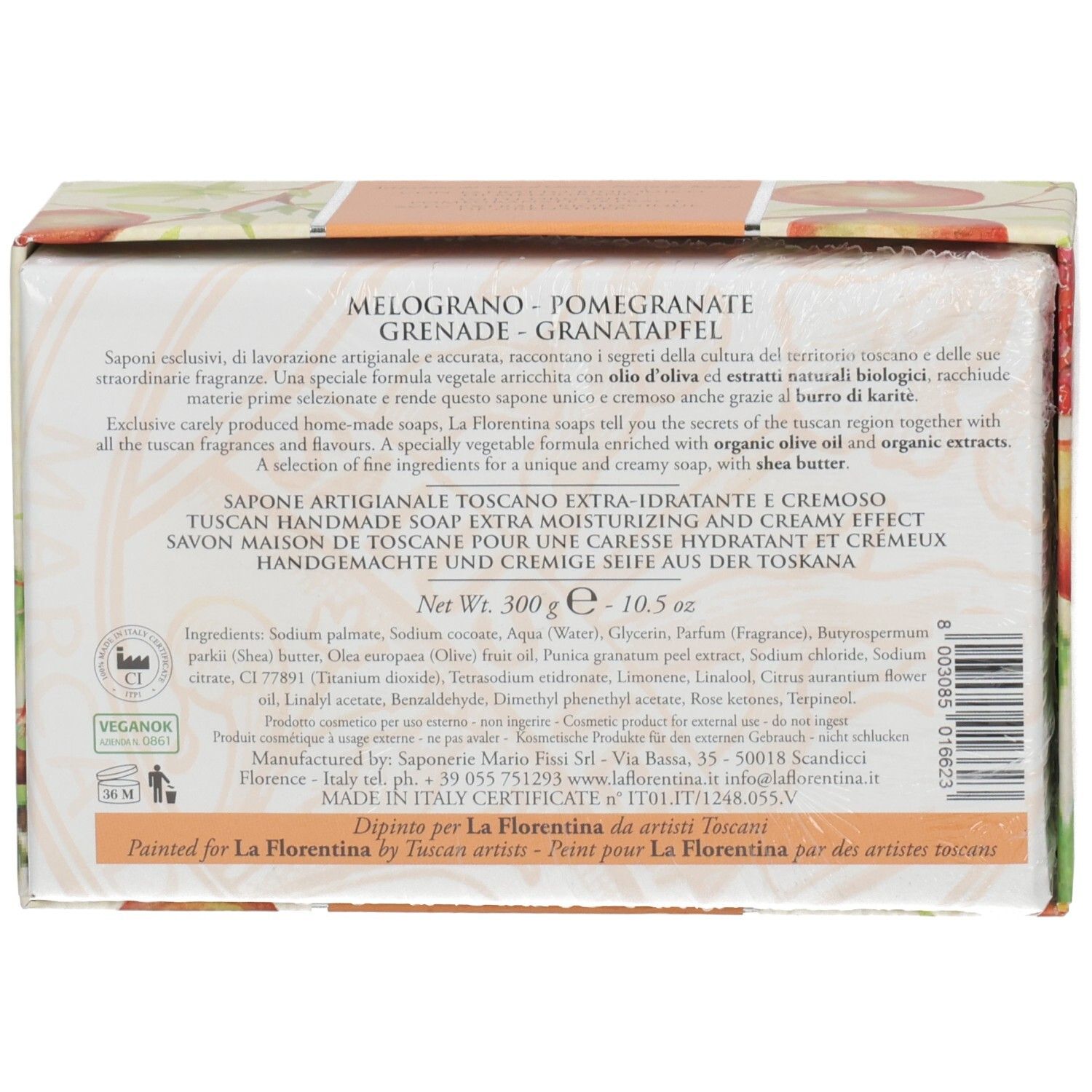 Verpackungsrückseite einer handgemachten Seife mit Granatapfel-Motiv, 300g.