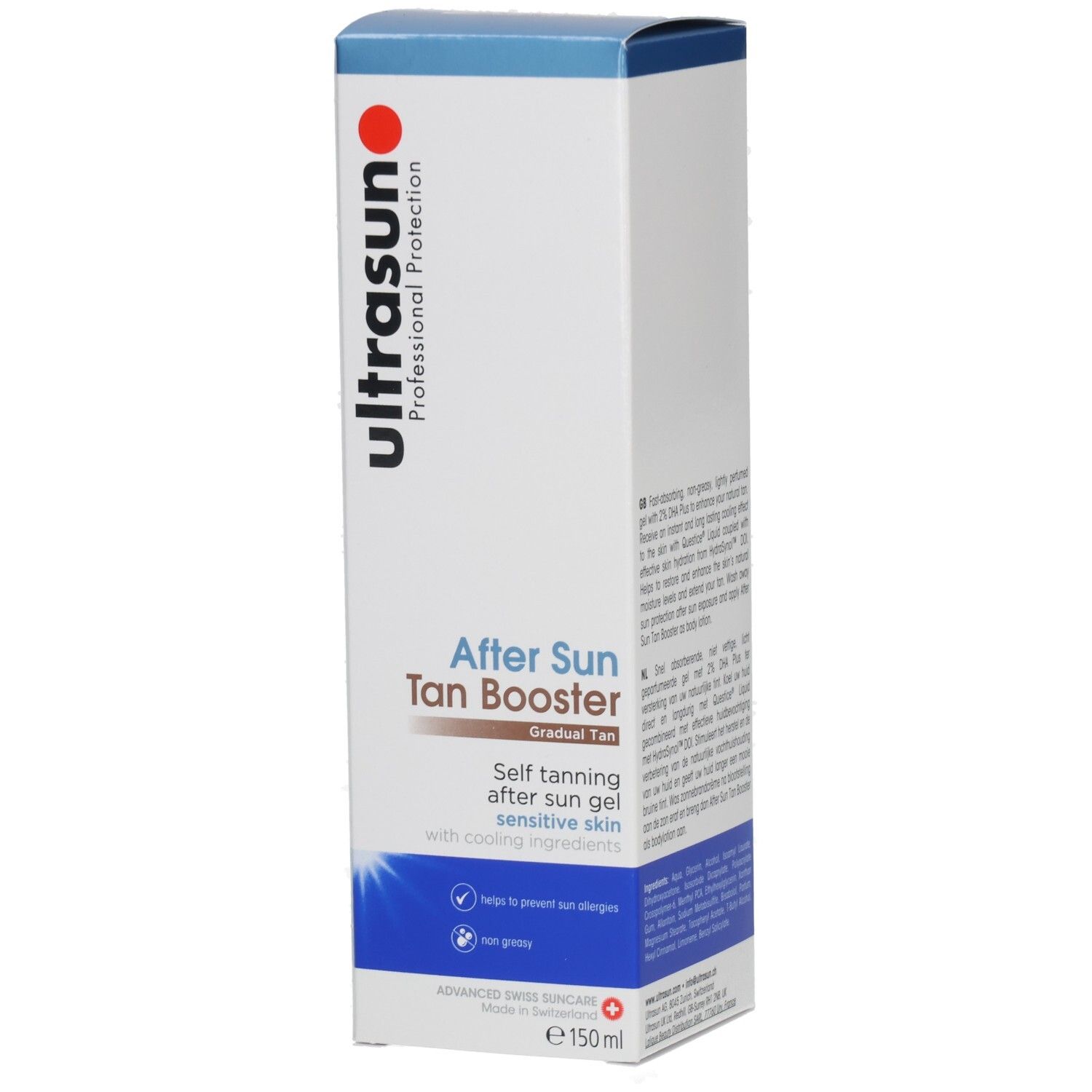 Ultrasun After Sun Tan Booster, 150ml Verpackung. Selbstbräunendes Gel für empfindliche Haut.