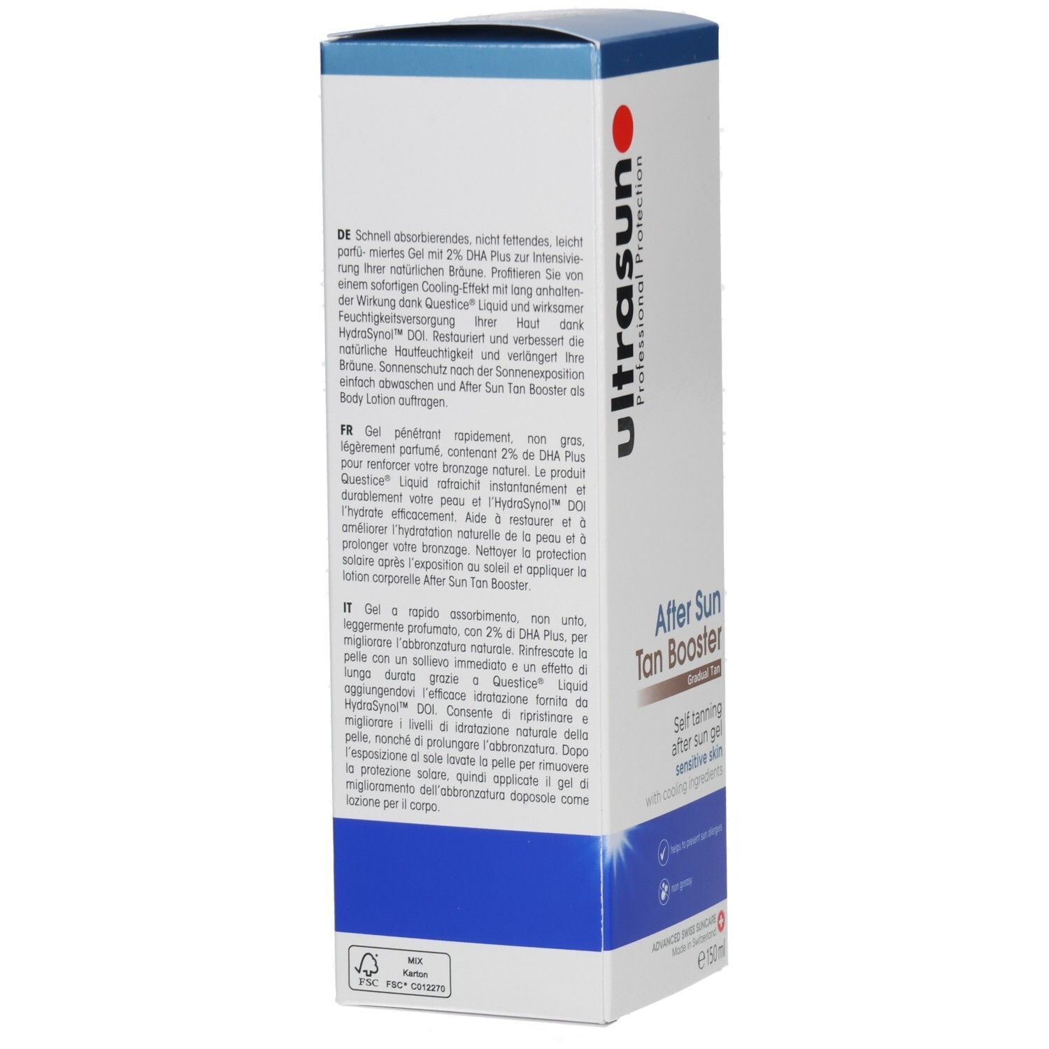 Ultrasun After Sun Tan Booster Verpackung, Rückseite mit Produktinformationen in mehreren Sprachen.