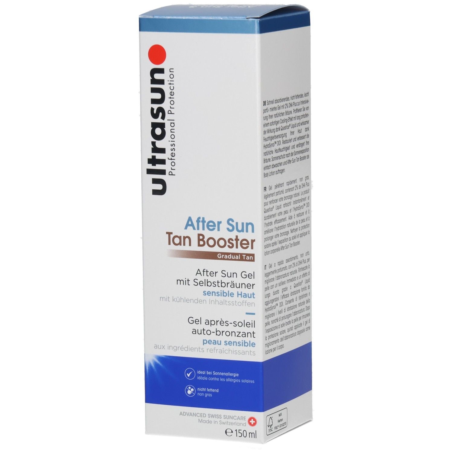 Ultrasun After Sun Tan Booster, 150ml Verpackung. Selbstbräunendes Gel für empfindliche Haut.