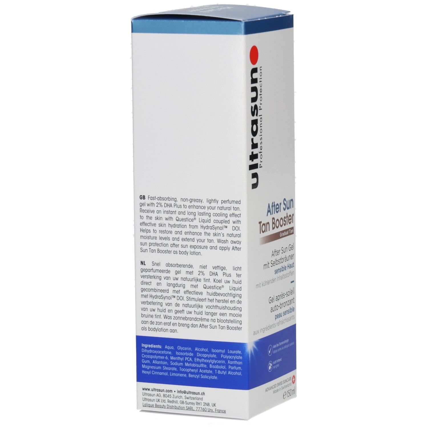 Ultrasun After Sun Tan Booster Verpackung, Seite mit detaillierten Produktinformationen und Inhaltsstoffen.