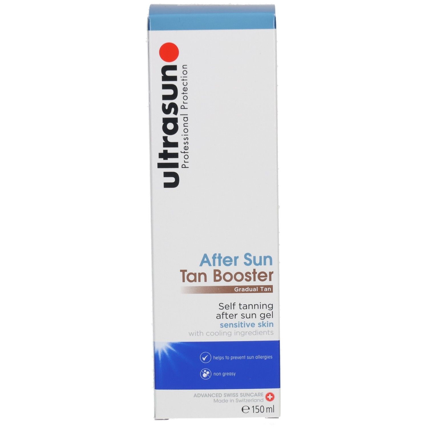 Ultrasun After Sun Tan Booster, 150ml Verpackung. Selbstbräunendes Gel für empfindliche Haut.