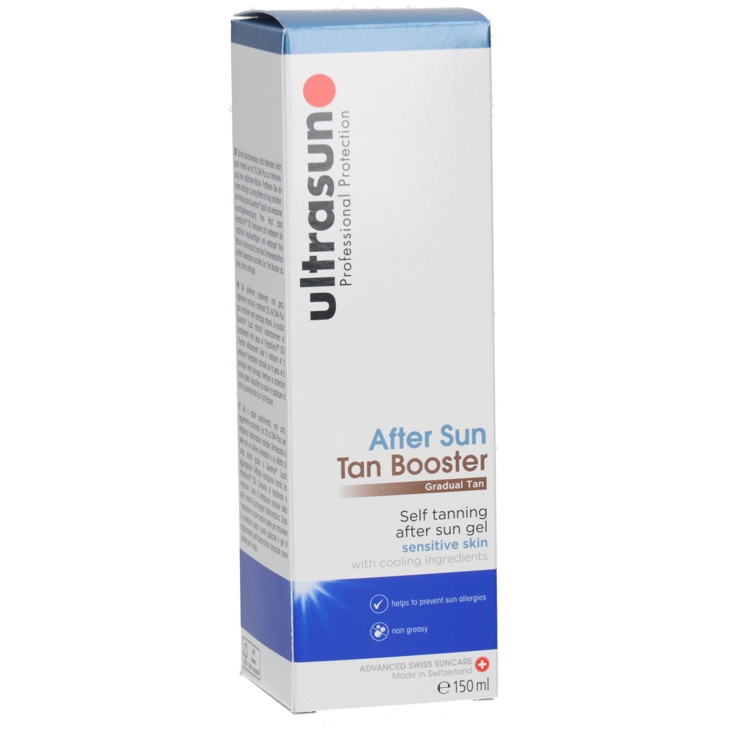 Ultrasun After Sun Tan Booster, 150ml Verpackung. Selbstbräunendes Gel für empfindliche Haut.
