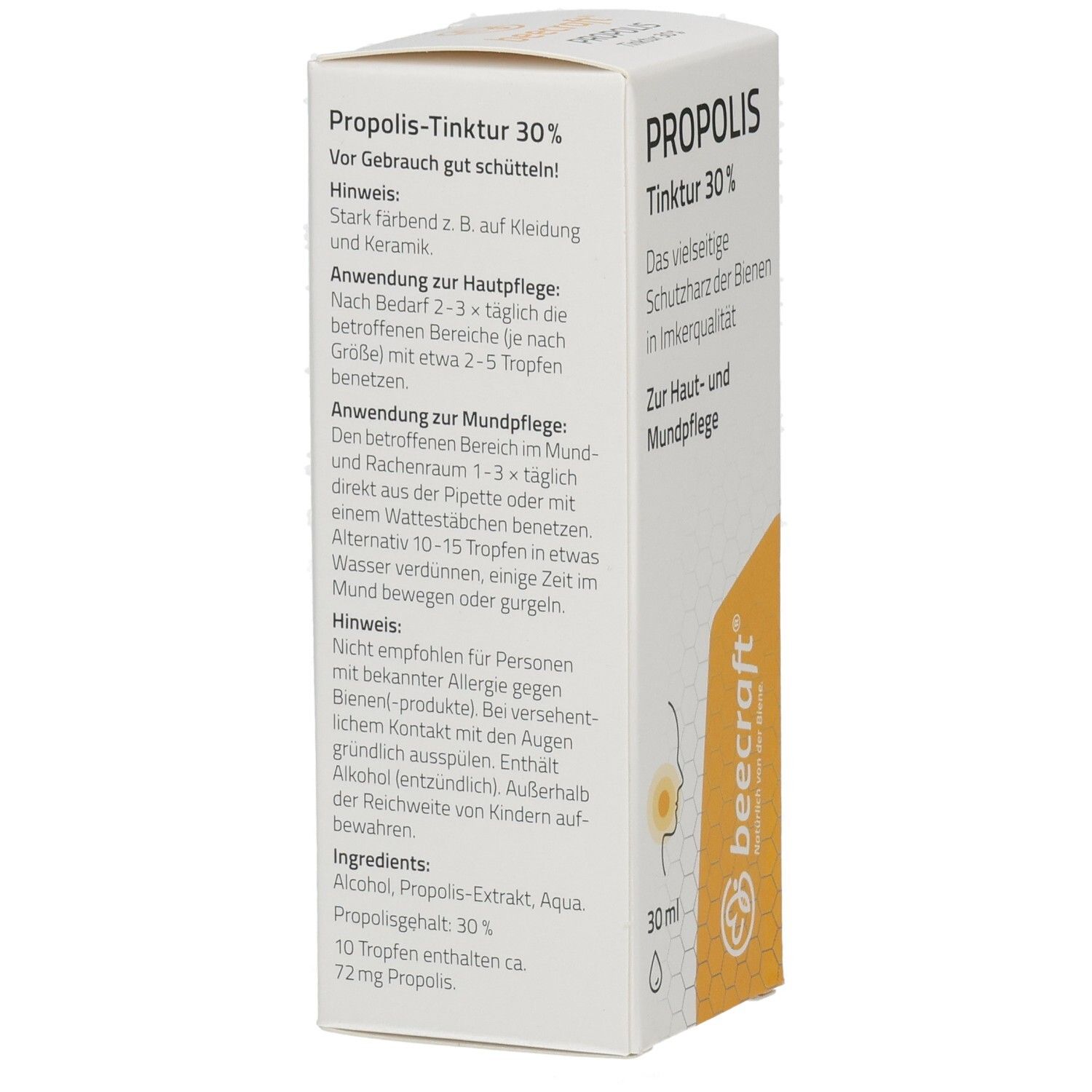 Rückseite der Propolis Tinktur 30% Verpackung mit Anwendungshinweisen für Haut und Mund.