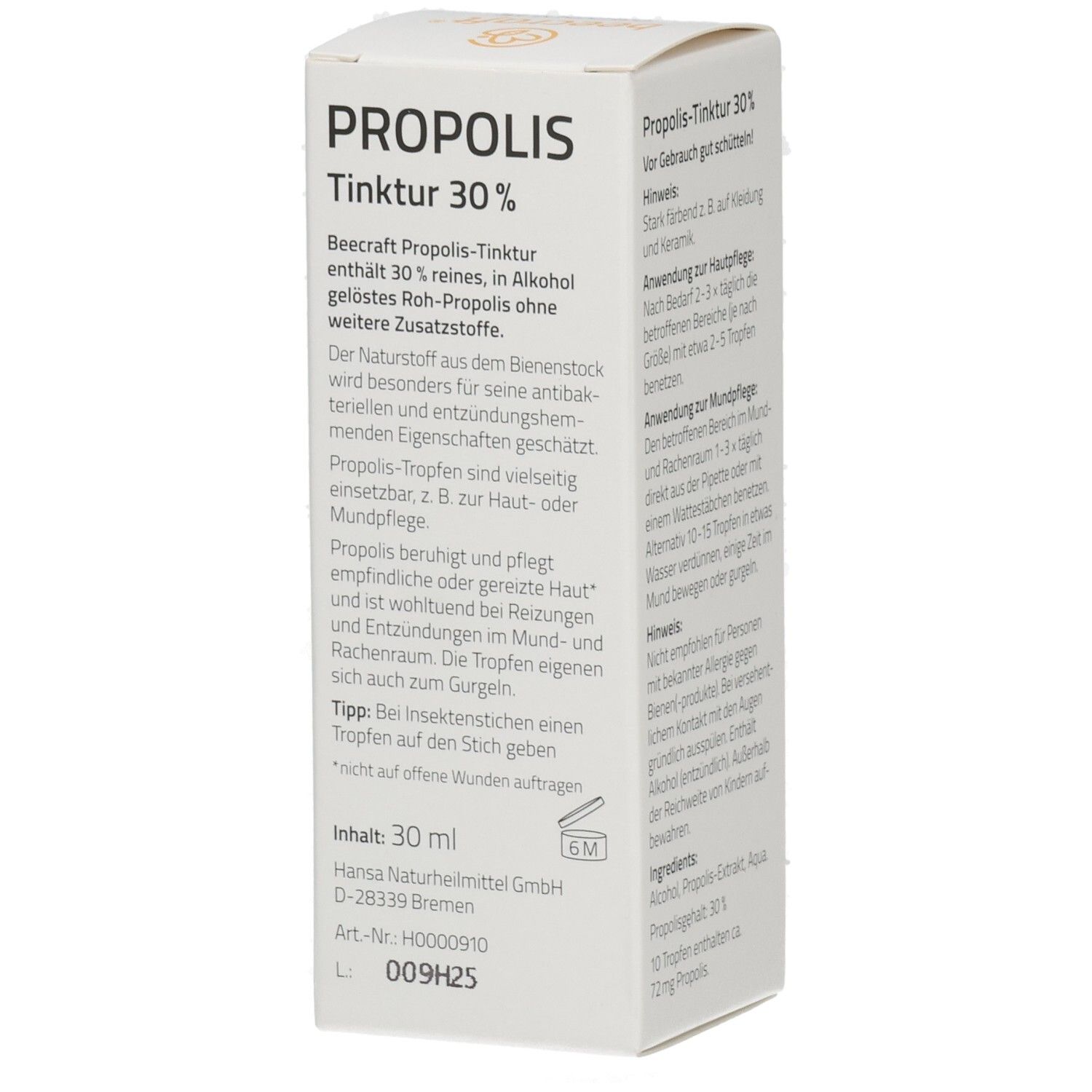 Seitenansicht der Propolis Tinktur 30% Verpackung mit Inhaltsstoffen und Herstellerangaben.