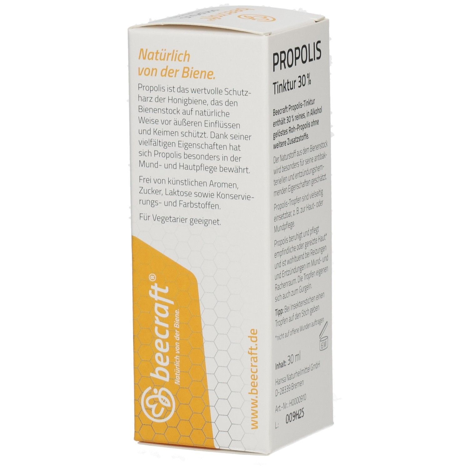 Propolis Tinktur 30% Verpackung von beecraft, betont natürliche Inhaltsstoffe aus Bienen.
