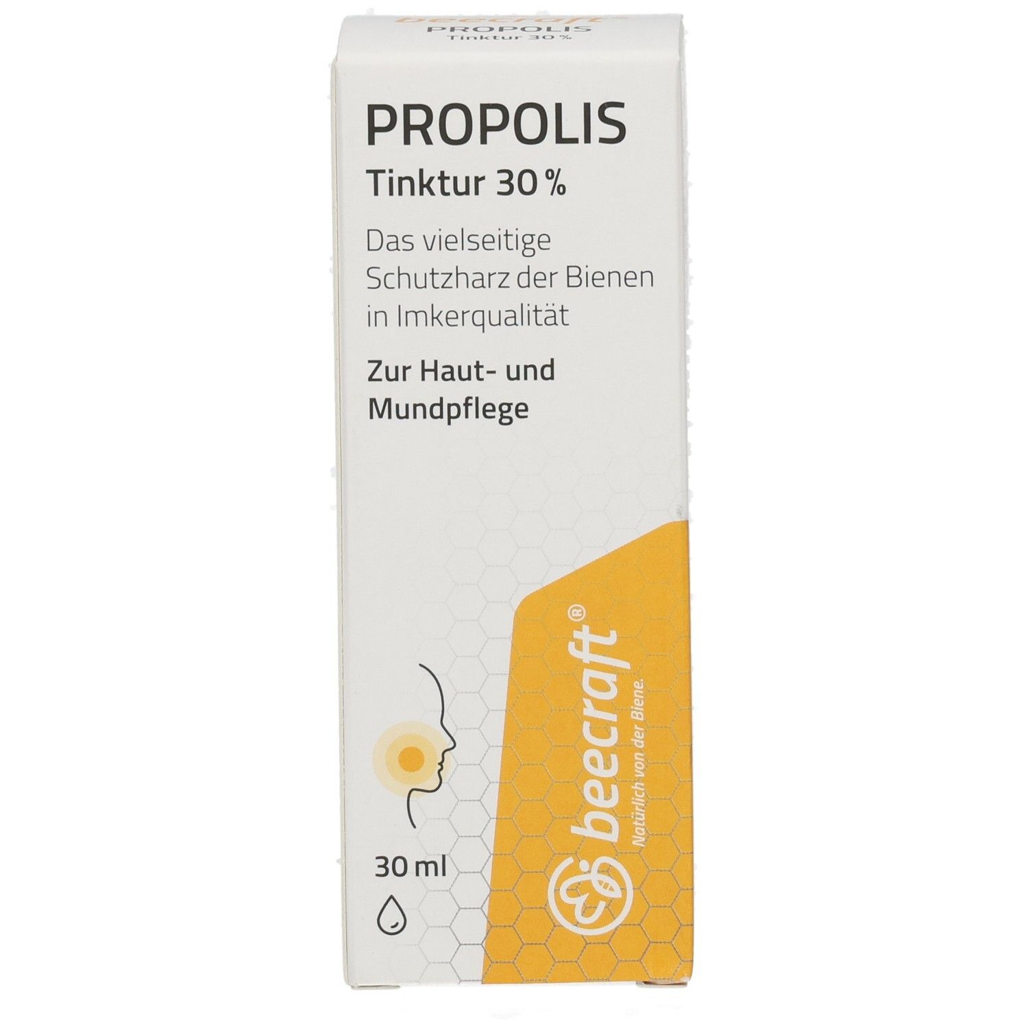 Vorderseite der Propolis Tinktur 30% Verpackung mit beecraft Logo und Anwendungshinweis.