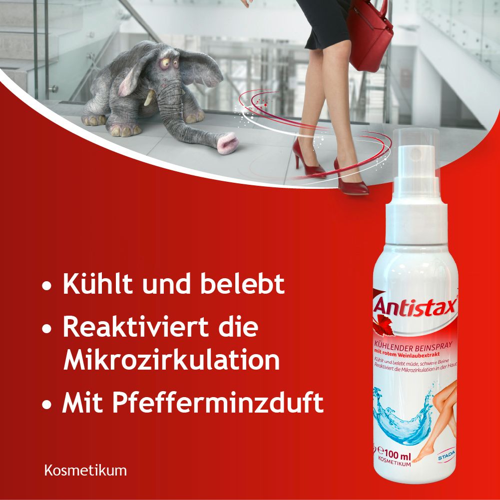 Antistax Beinspray Flasche. Text: Kühlt und belebt, reaktiviert die Mikrozirkulation, mit Pfefferminzduft.