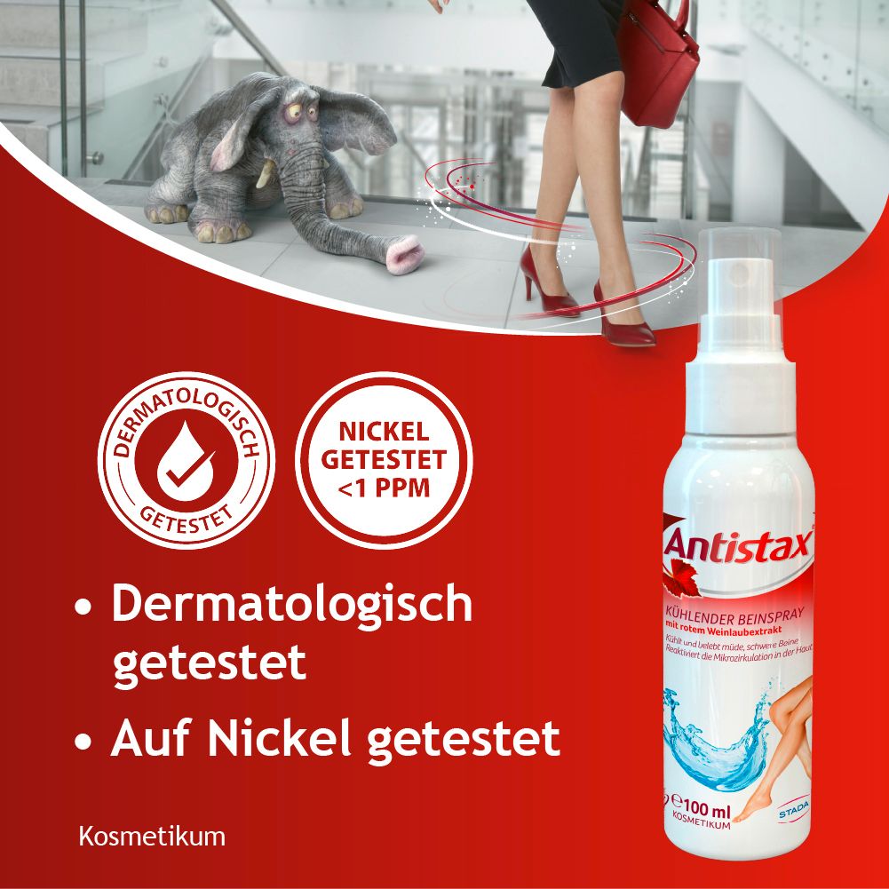 Antistax Beinspray Flasche. Siegel: Dermatologisch getestet, Nickel getestet <1 PPM.