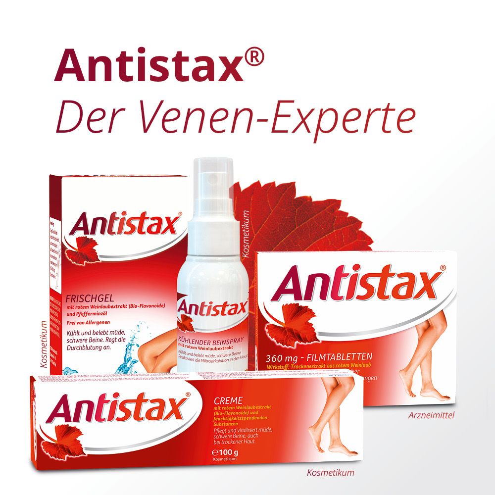 Antistax Produktübersicht: Frischgel, Beinspray, Creme, Filmtabletten. Der Venen-Experte.