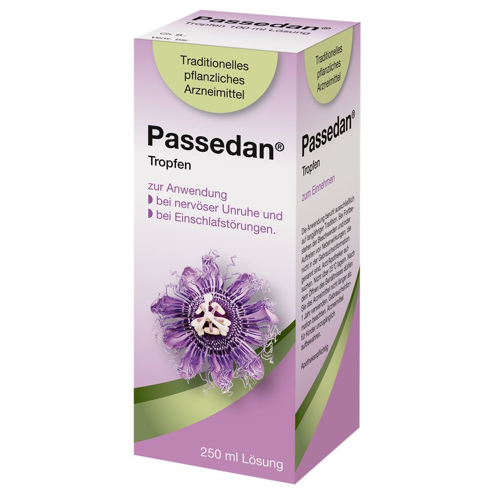 Verpackung von Passedan® Tropfen. Traditionelles pflanzliches Arzneimittel. Enthält eine Abbildung einer Passionsblume.
